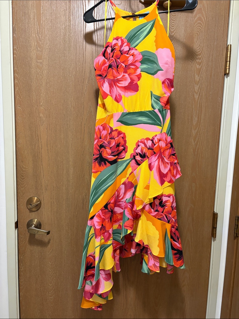 CeCe Yellow Floral High-Low Halter Dress with Pink & Green Accents